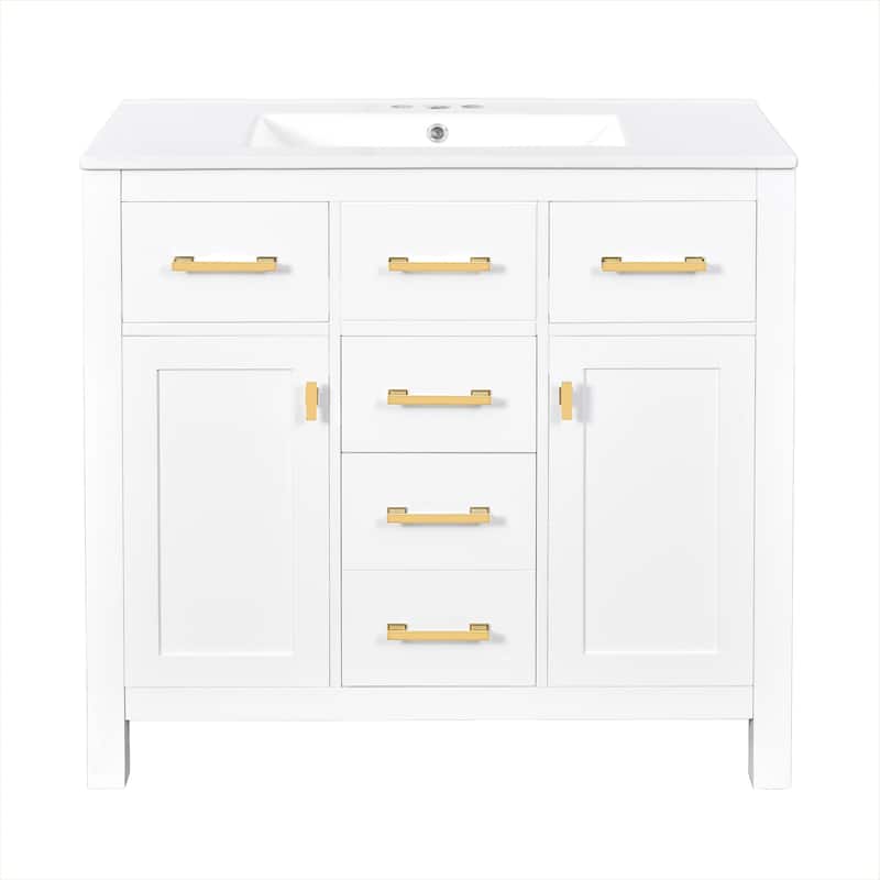 Roomfitters 72" Freestanding Bathroom Vanity with Ceramic Sink, Solid Wood Storage Cabinet with Drawers and Doors