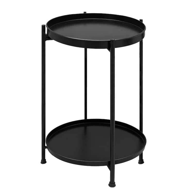 Vica 15 Inch Modern Side End Table, Metal Round Tray Top Foldable Legs, Black