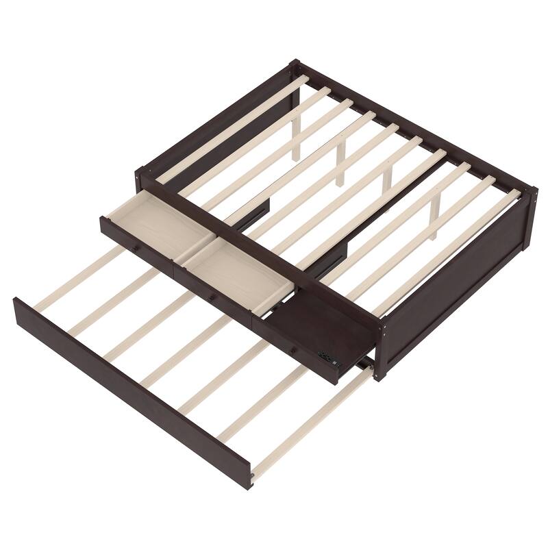 Full Platform Bed with Trundle and 2 drawers, SolidWood Beds with Power strip, Espresso