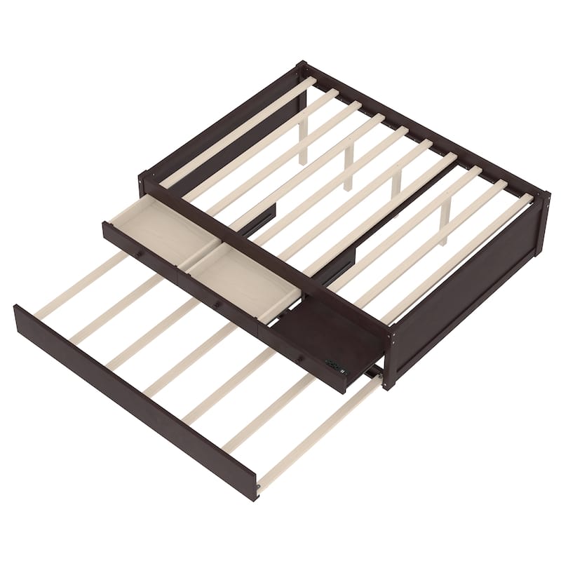 Full/Twin Platform Bed with Trundle, 2 Drawers & Built-in Power Outlets