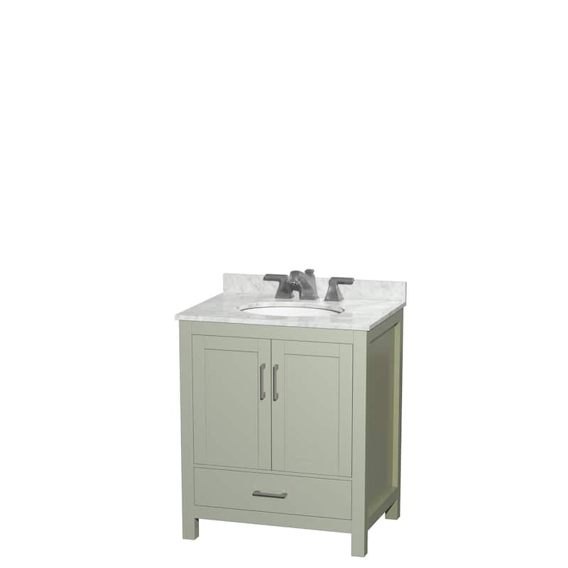 Wyndham Collection Sheffield Single Vanity Set - 30-Inch Single - Light Green, White Carrara Marble Top, Nickel Trim