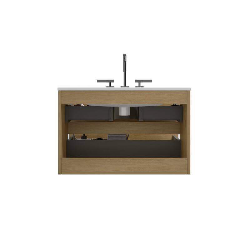 Wall Mount 30"Natural Oak Bathroom Vanity with Ceramic Sink with three faucet holes,Large Storage Floating Bathroom Vanity