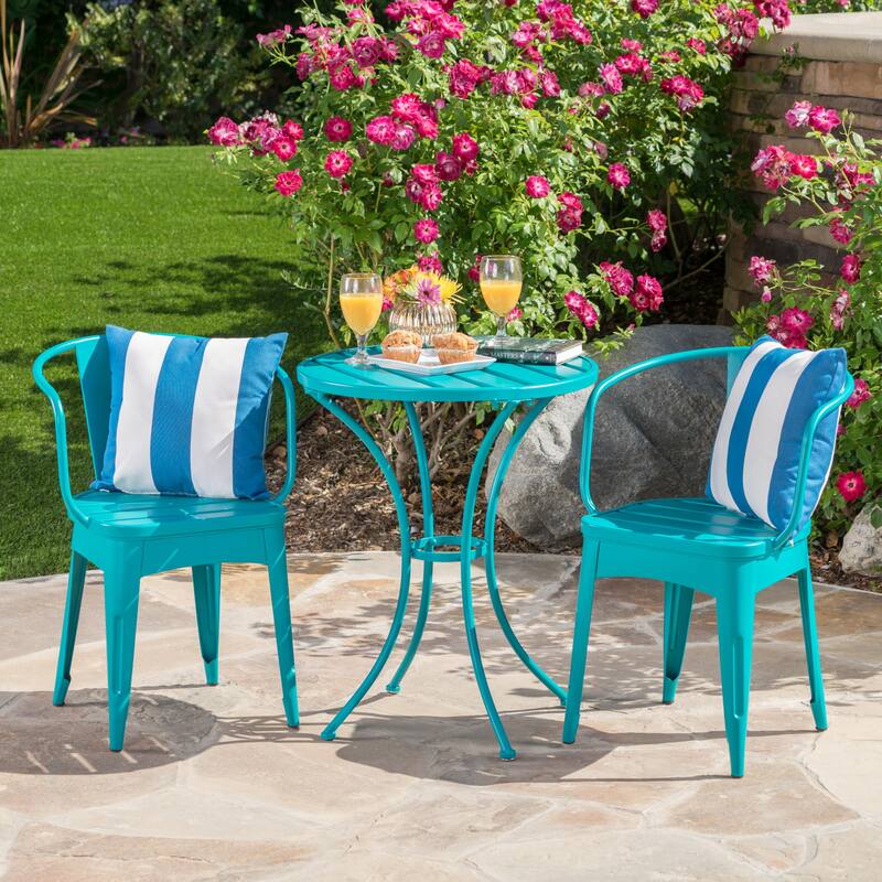 Modern 3-Piece Powder-Coated Iron Bistro Set with Round Slatted Table and Stackable Armchairs for Compact Outdoor Spaces