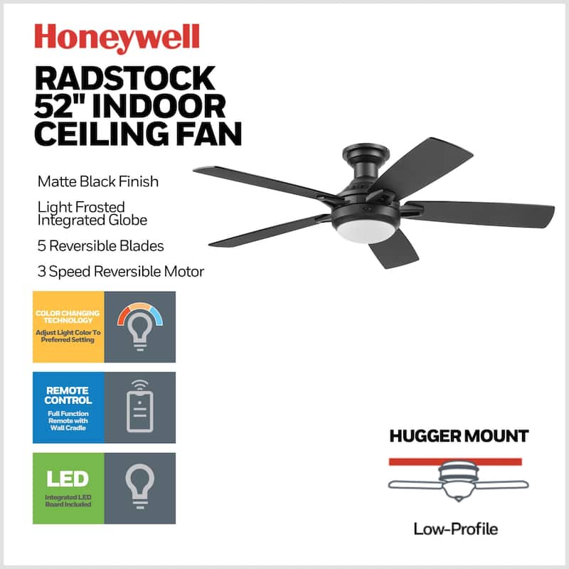 52" Honeywell Radstock Contemporary Ceiling Fan with Color Changing Light, Remote Control - 52 Inches