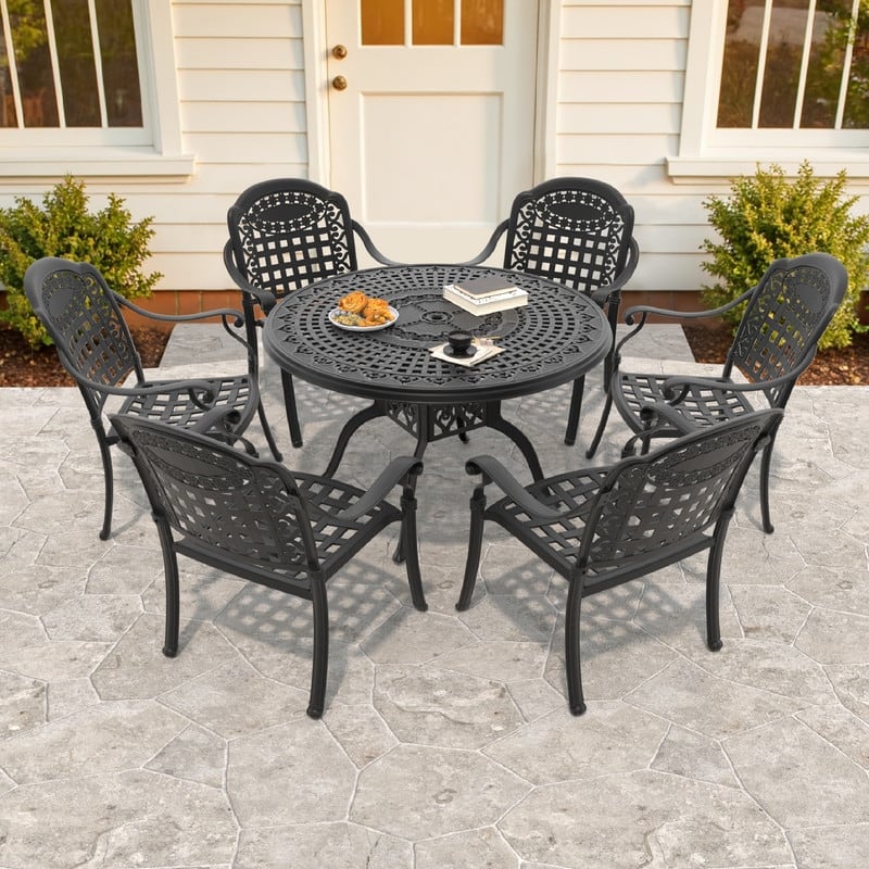 5/7-Piece Cast Aluminum Outdoor Dining Set with 47.24 in. Round Table and Seat Cushions