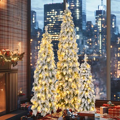 8FT, 6FT, 4FT Pre-Lit Pencil Christmas Trees, 3-set Slim Artificial Christmas Tree With Snow Flocking, 11 Lighting Modes