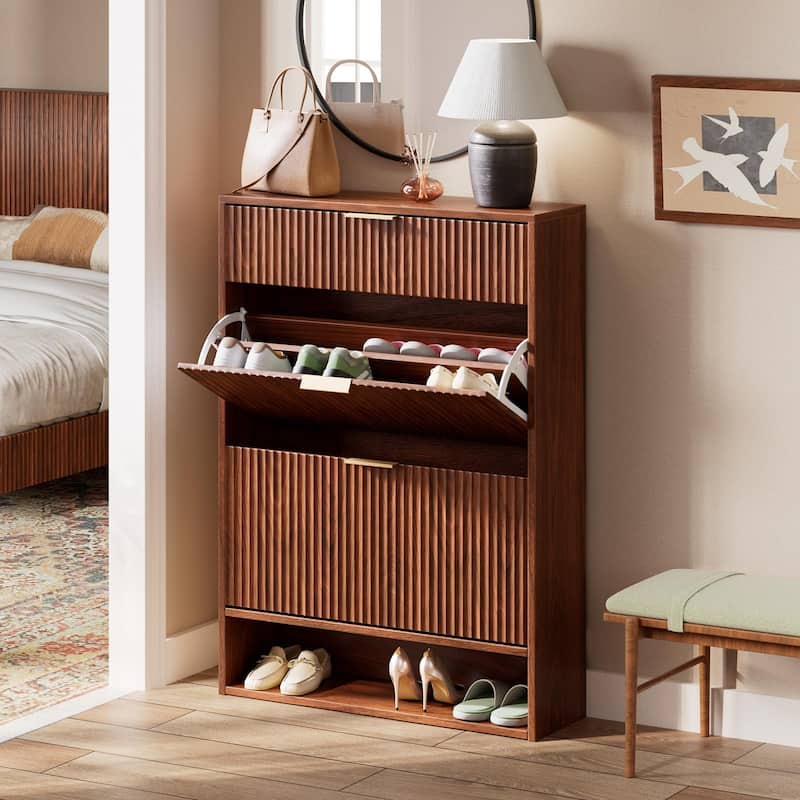 31.5''W Shoe Cabinet Storage with Drawer for Entryway, Fluted Slim Shoe Dresser