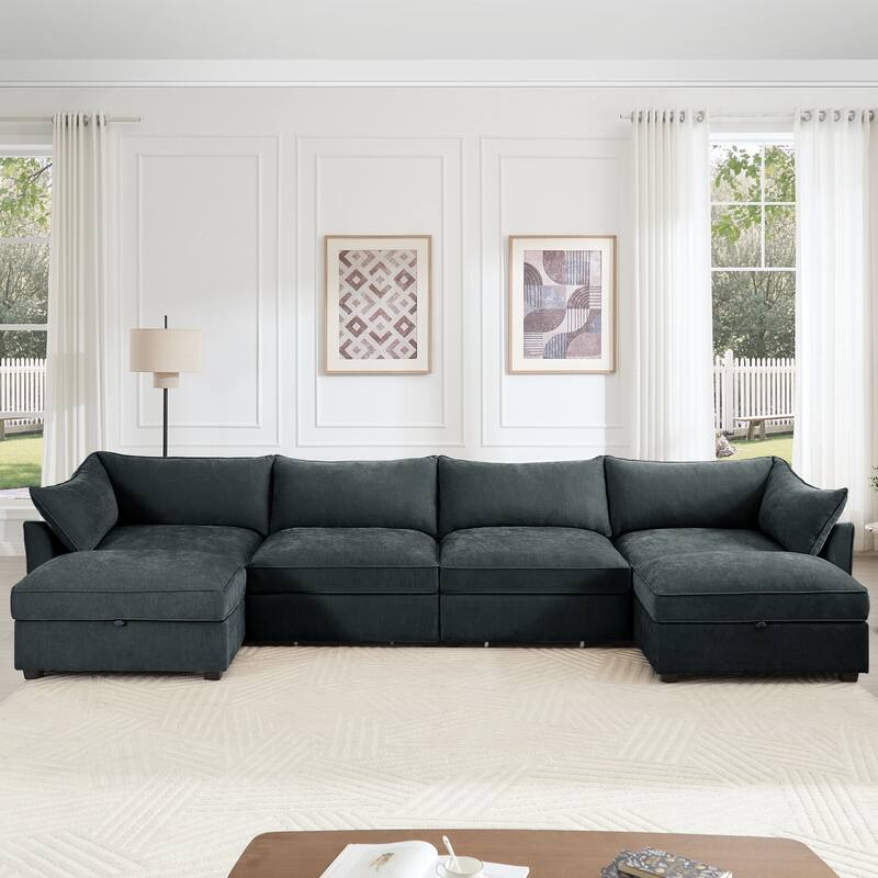 4- Deep L-Shaped Seater Sectional Sofa Couch with 2 Movable Storage Ottoman & Pull out Drawers Under Each Seat