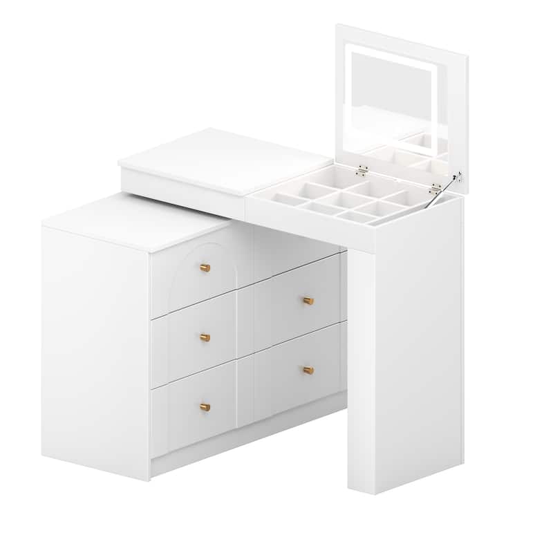 Vanity Desk with Mirror and Lights, Makeup Vanity Table with Flip-Top Tabletop and Storage 7 Drawers, 9 Compartments, 3 Shelves