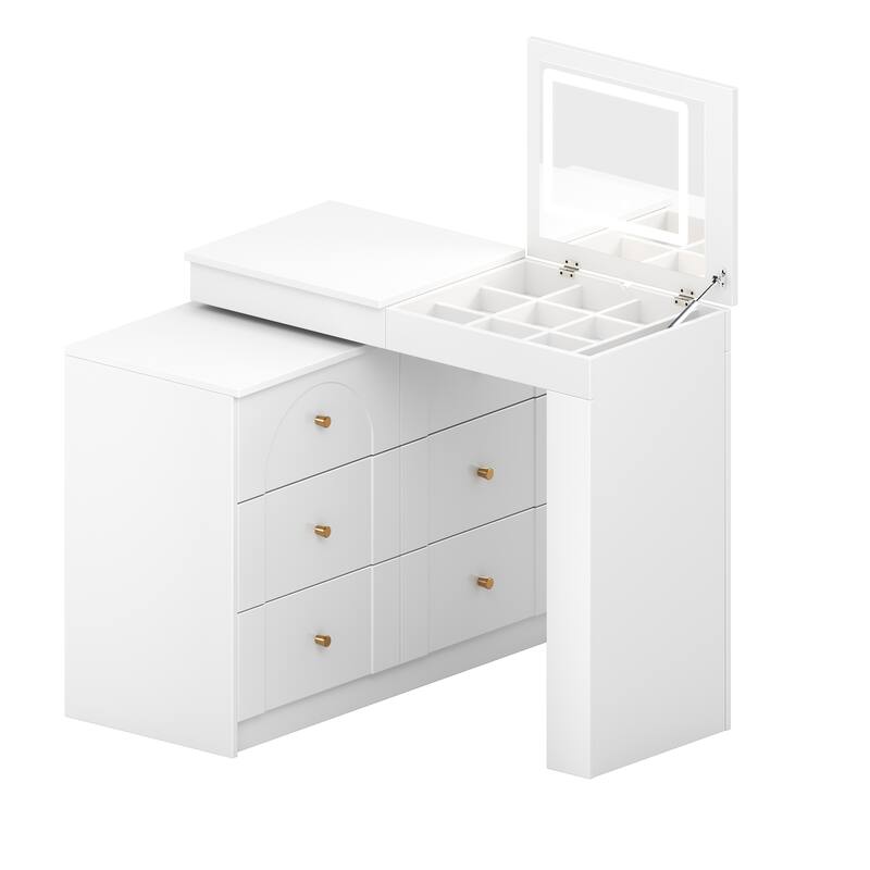 Vanity Desk with Mirror and Lights, Makeup Vanity Table with Flip-Top Tabletop and Storage 7 Drawers, 9 Compartments