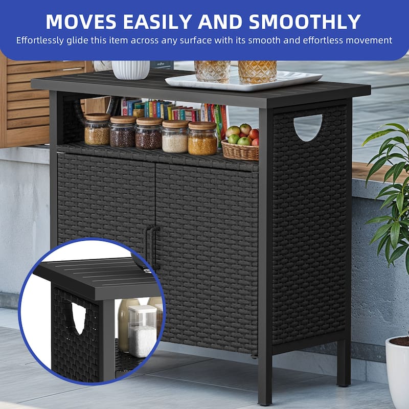 Moasis Outdoor Wicker Bar Table Ratten Storage Cabinet with 2 Doors and Shelves