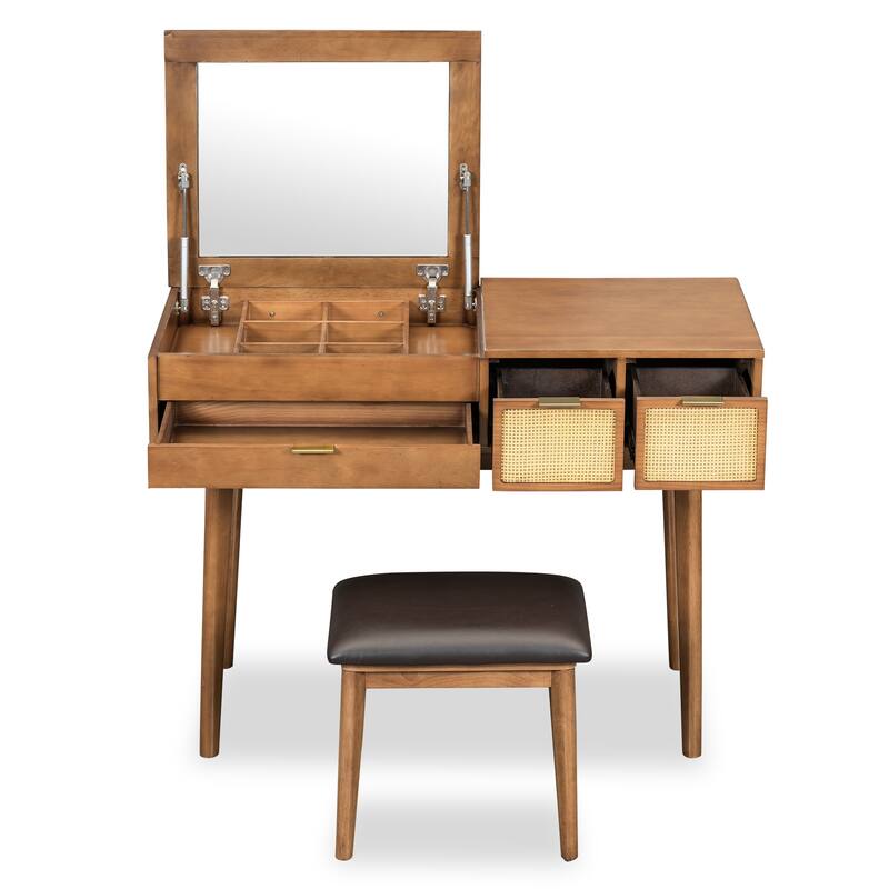 Brown Makeup Vanity Desk Set with Flip-top Mirror & Drawers, Wood Writing Desk Dressing Table and Upholstered Stool Set