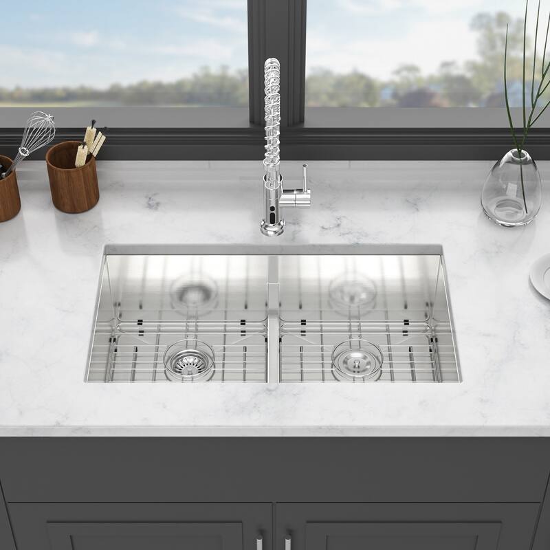 Double Bowl(50/50) Undermount Sink- 28"x19" Double Bowl Kitchen Sink 16 Gauge with Two 10" Deep Basin
