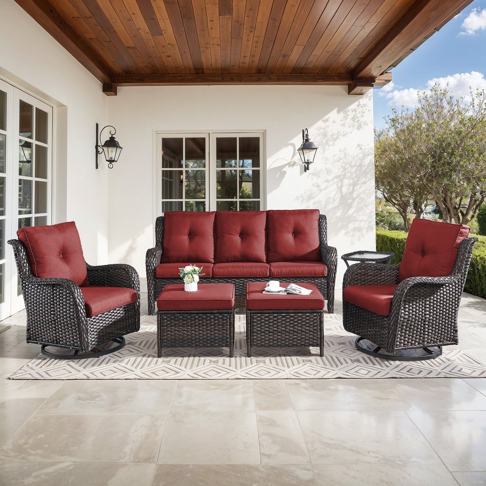 Gymojoy 6-Piece Outdoor Wicker Patio Set with Swivel Rockers, 3-Seater Sofa & Ottomans