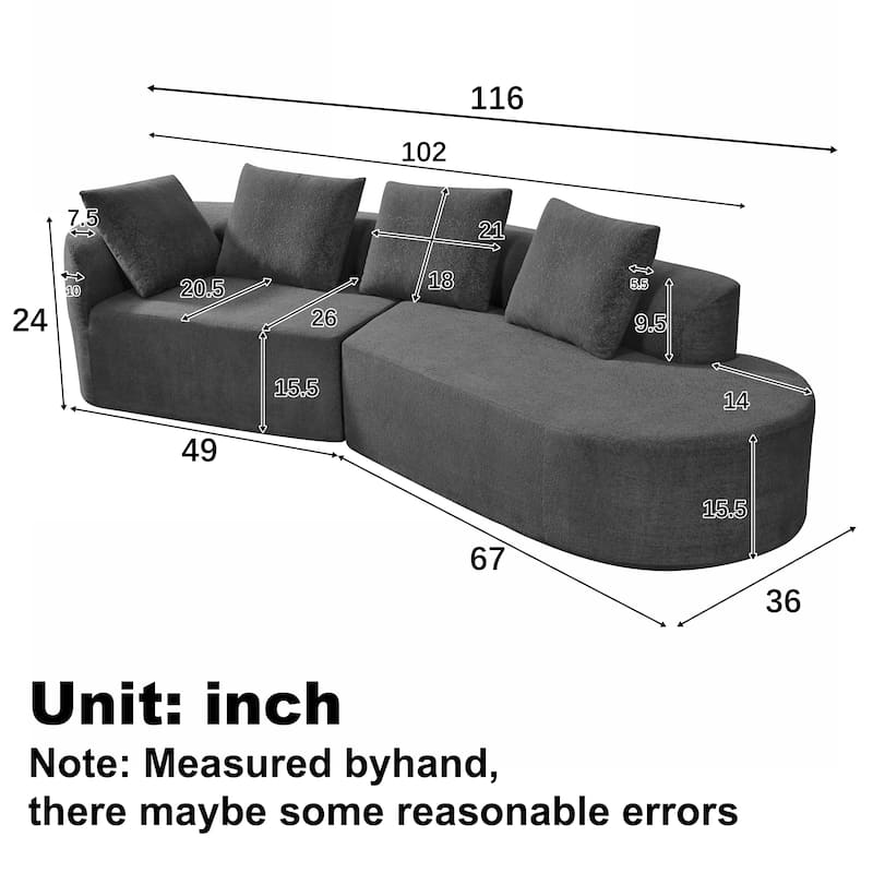 116" Pearl Upholstery Curved Sectional Sofa with Chaise Lounge, High-Density Compressed Sponge Design