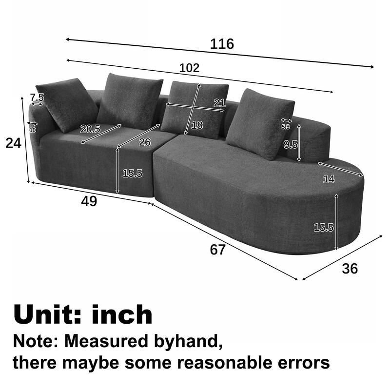 Curved Chaise Lounge with L-shape Back Arm, Pearl Upholstery Sectional Sofa Set with 4 Pillows for Living Room Sleeper Couch