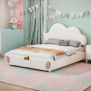 Queen size Cloud-shaped Headboard, Upholstered Platform Bed with Rounded Footboard,Velvet,Beige