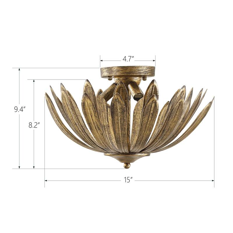 Gold Semi-Flush Mount Light 15" Hand Painted 3-Light Fixture