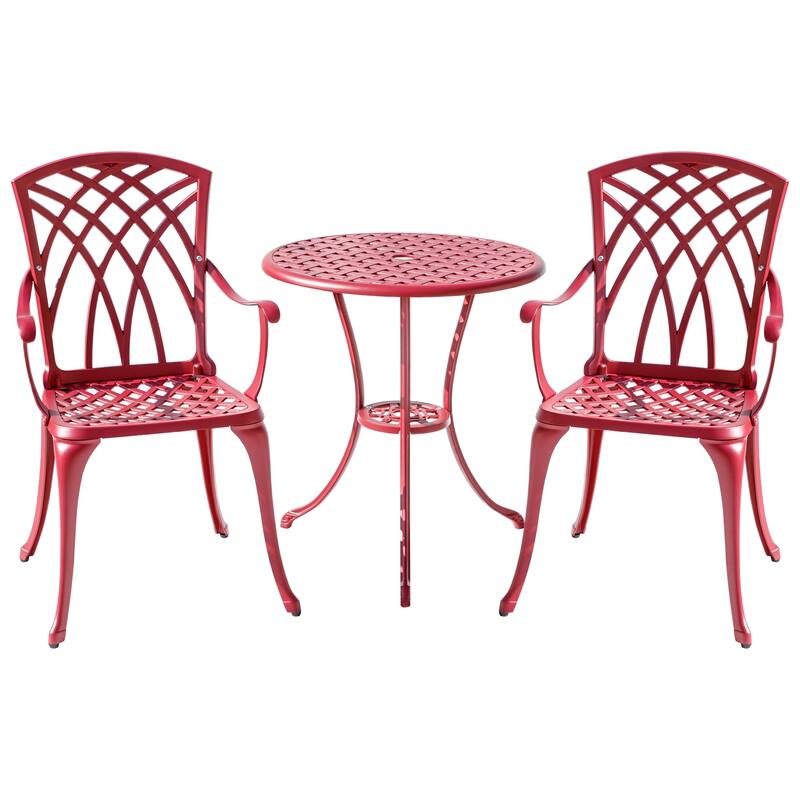 3-Piece Cast Aluminum Outdoor Bistro Set with LED Lights - 35" - Red