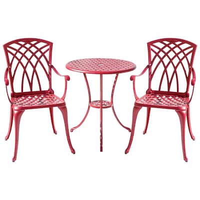 3-Piece Cast Aluminum Outdoor Bistro Set with LED Lights - 35" - Red