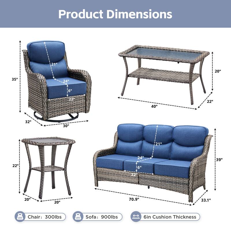 Meyreso 7-Piece Wicker Patio Conversation Set with Swivel Gliders and 6-Inch Thick Cushions