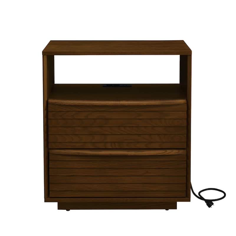 Nightstand with Charging Station and Outlet Hole and 2 Solid Wood Drawers