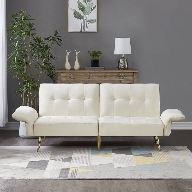 Italian Velvet Convertible Sleeper Sofa Bed with with Folded Armrests and Storage Bags