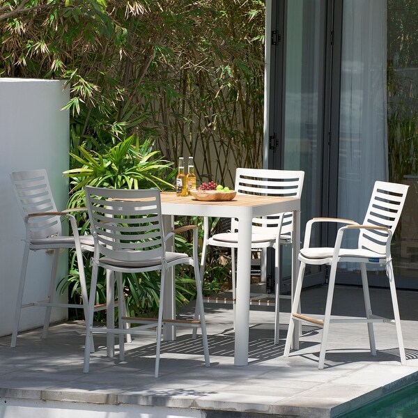 Shop Portals 5 Piece Outdoor Patio Aluminum Bar Set With Natural Teak Wood Accent Top On Sale Overstock 31076152