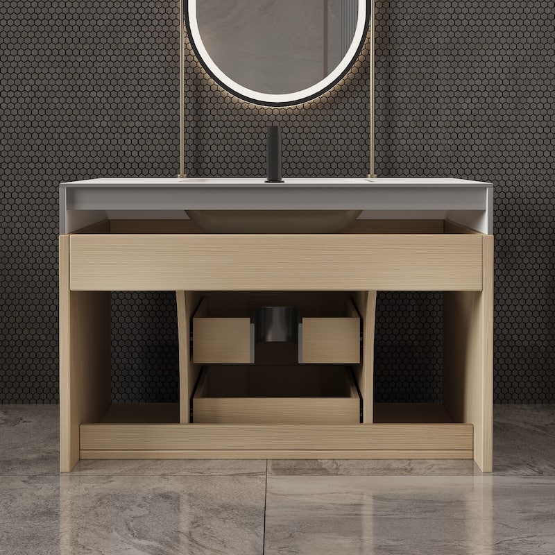 29.9-inch floating bathroom vanity with sintered stone countertop and ceramic undermount sink - White/Wood