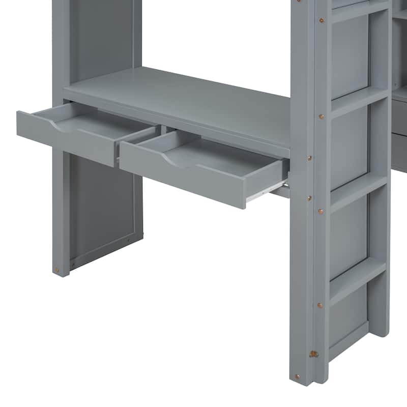 Twin Size Solid Wood Loft Bed with large shelves, writing desk and LED Light for Bedroom