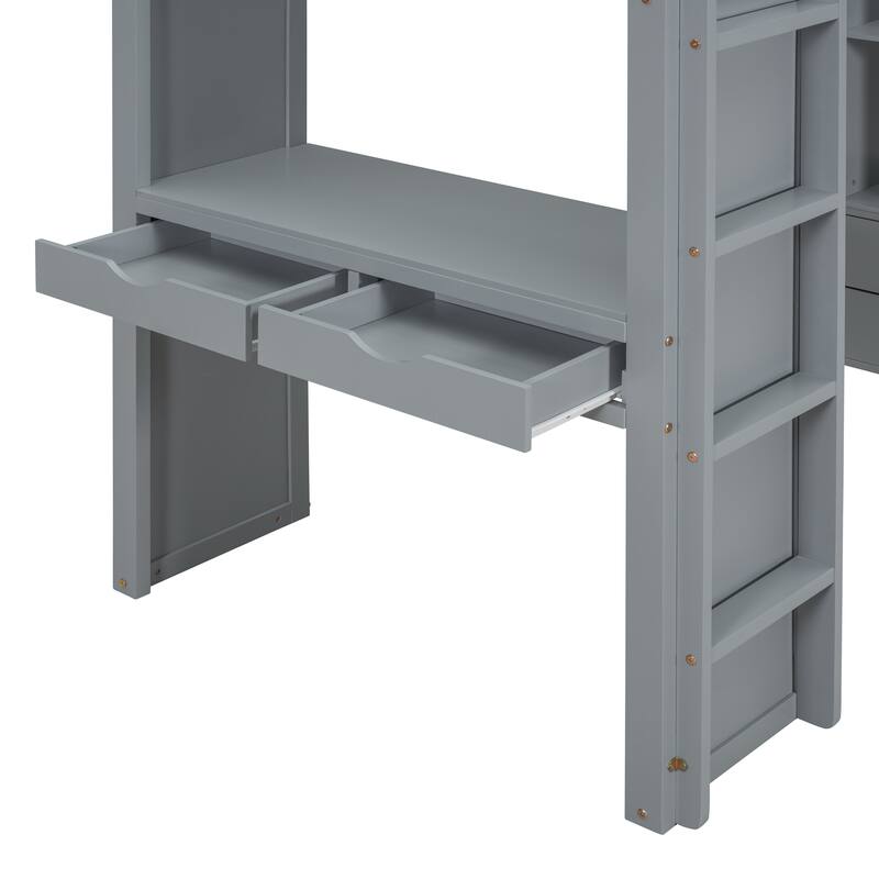 Wooden Loft Bed with Multi-Storage Desk, LED Light & Large Shelves