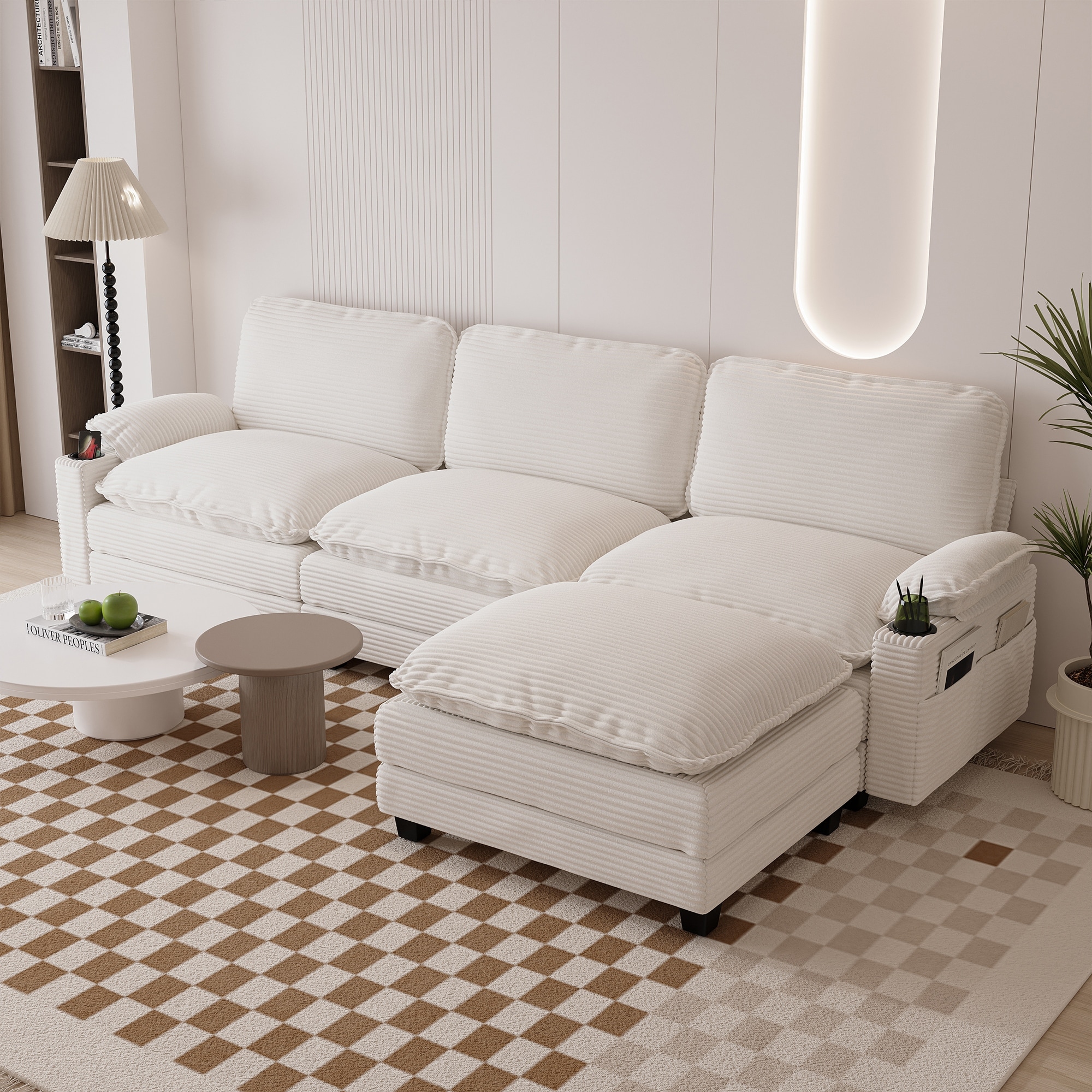 113" L Shaped Sectional Sofa, Deep Seat Cloud Couch with Ottoman, Oversized Corduroy Couch with Cup Holders, Storage Bags