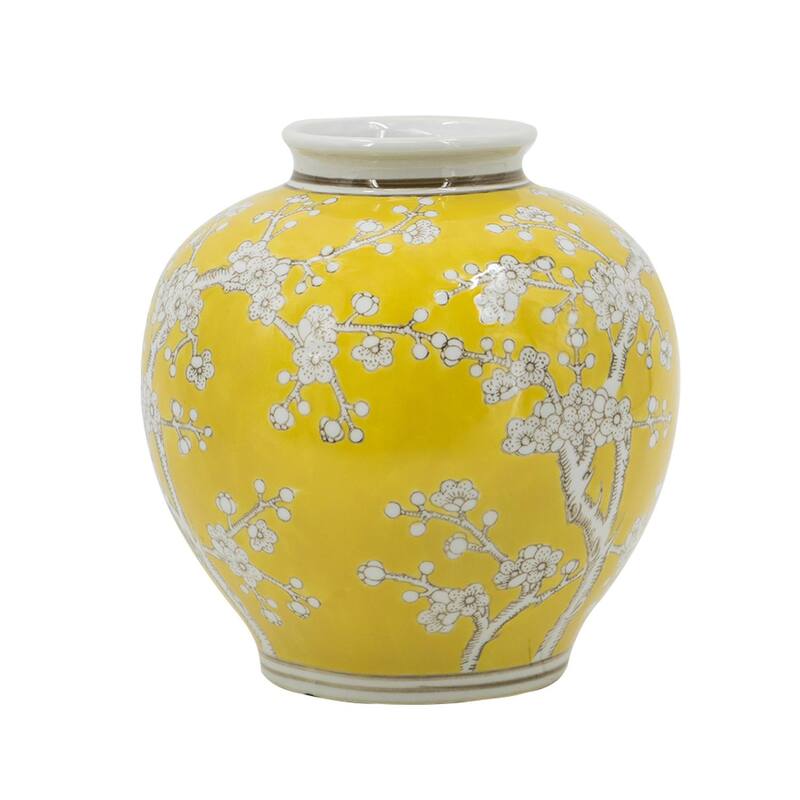 9" Yellow And White Chinoiserie Floral Porcelain Table Vase - 8.70