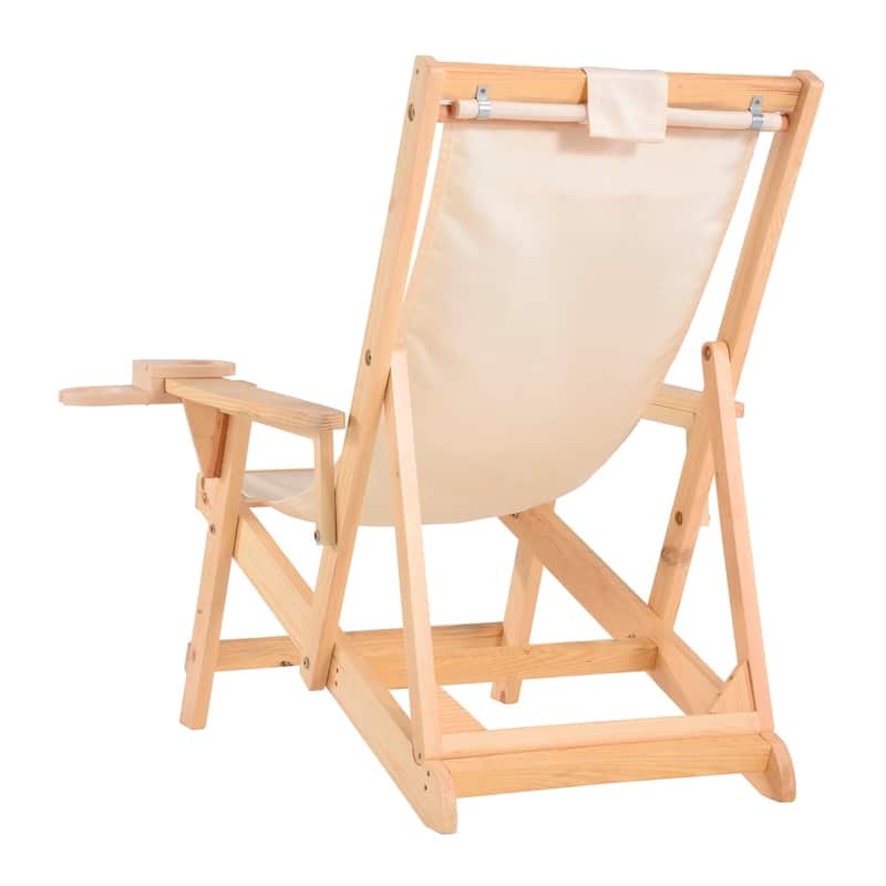 Romantic Collection Canvas Sling Chair with Cup Holder - Natural Frame Beige Cushion
