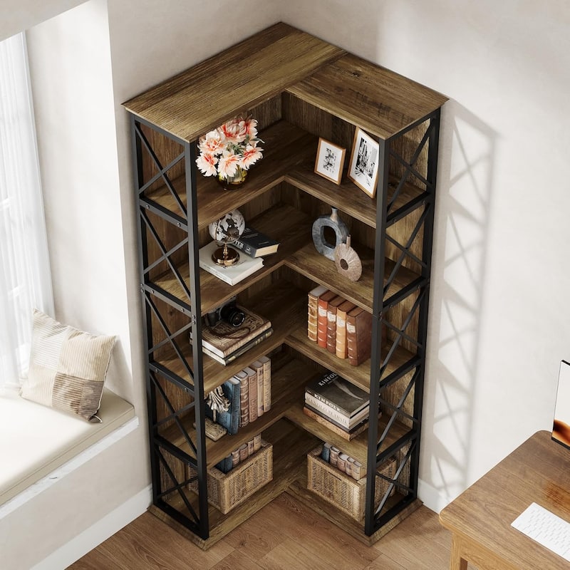 71 Inch Tall Corner Shelf, 5-Tier Industrial Corner Bookshelf, Wood and Metal L-Shaped Bookcase with Baffle