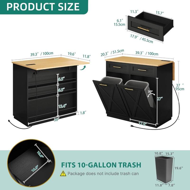 Moasis 39" Kitchen Island Kitchen Storage with Power Socket and Tilt Out Trash Bin Storage Cabinet