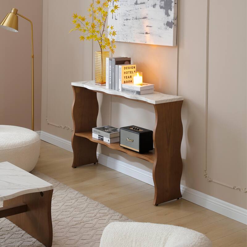 47.24" Whisper of Waves Modern Console Table / White Marble-Pattern Top, Solid Wood Veneered Sofa Table / Open Storage Shelf - Walnut Brown