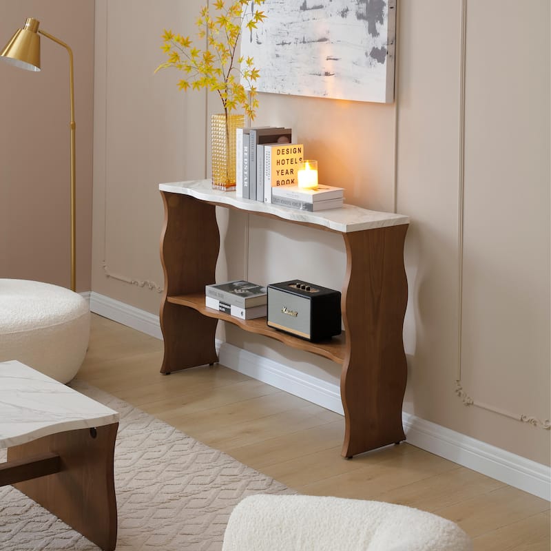 Modern Marble-Pattern Console Table Sofa Table Entryway Table with Open Storage Shelf, for Living Room, Walnut Brown - Bown
