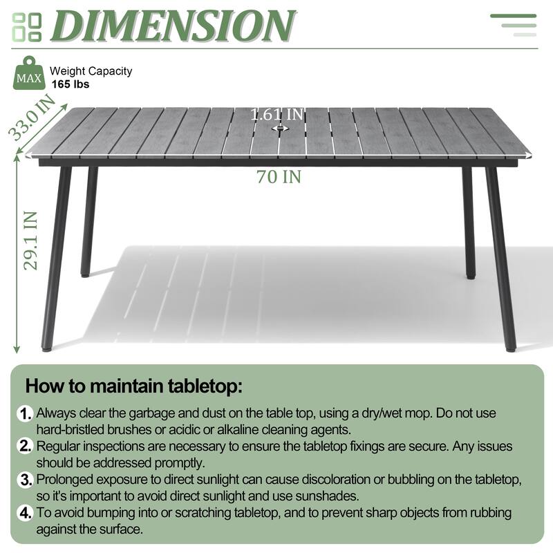 Outdoor Patio Rectangular Aluminum Dining Table Set with Umbrella Hole with Rattan Chair