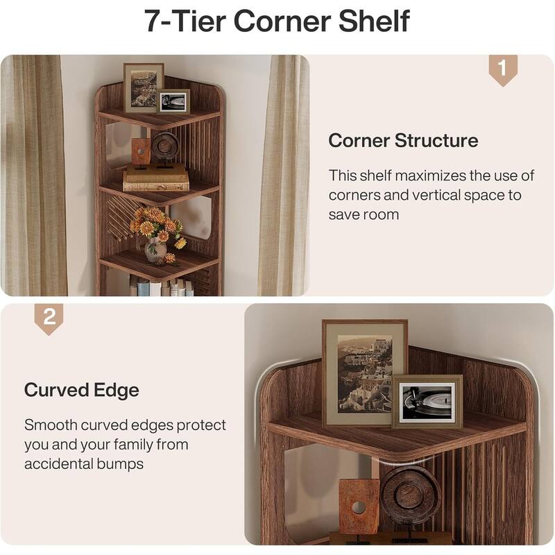 6 Tiers Farmhouse Wood Tall Narrow Corner Shelf with Hollow Design - 15.8" W x 15.8" D x 71.9" H