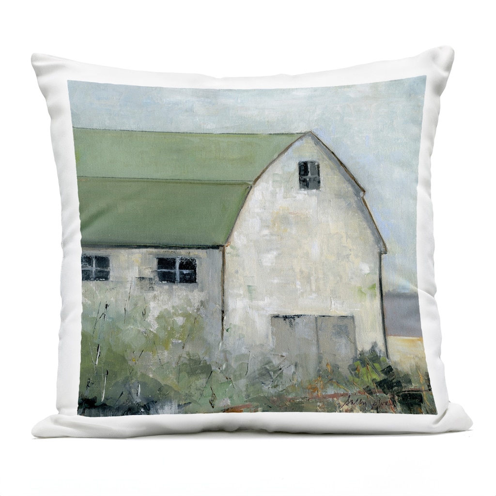 Stupell Barn View with Green Roof Printed Outdoor Throw Pillow Design by Sally Swatland