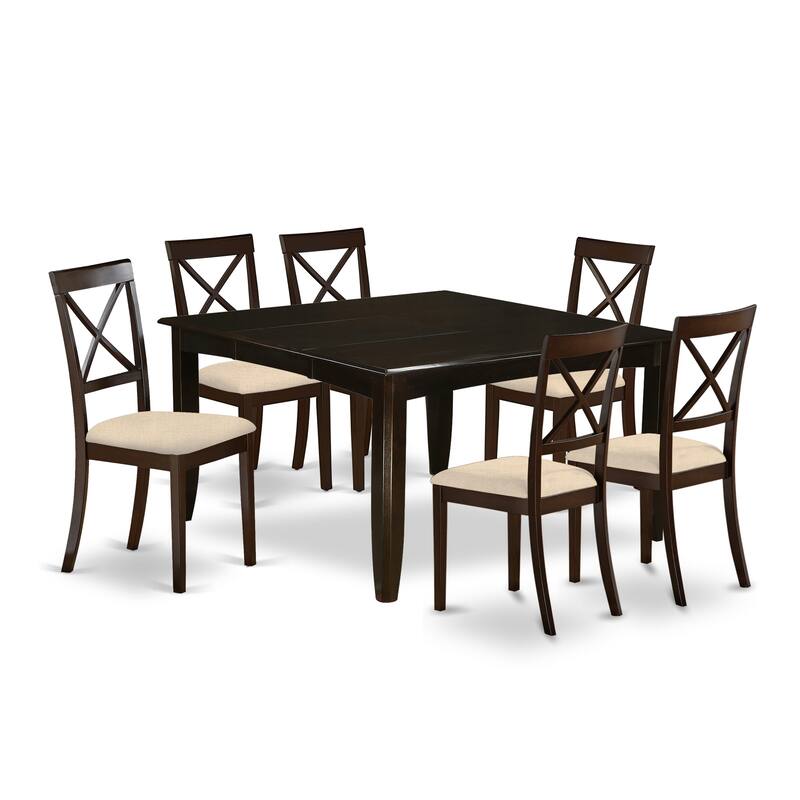 East West Furniture 7 Piece Dining Set Consist of a Square Dining Table and 6 Linen Fabric Chairs, Cappuccino(Pieces Option)