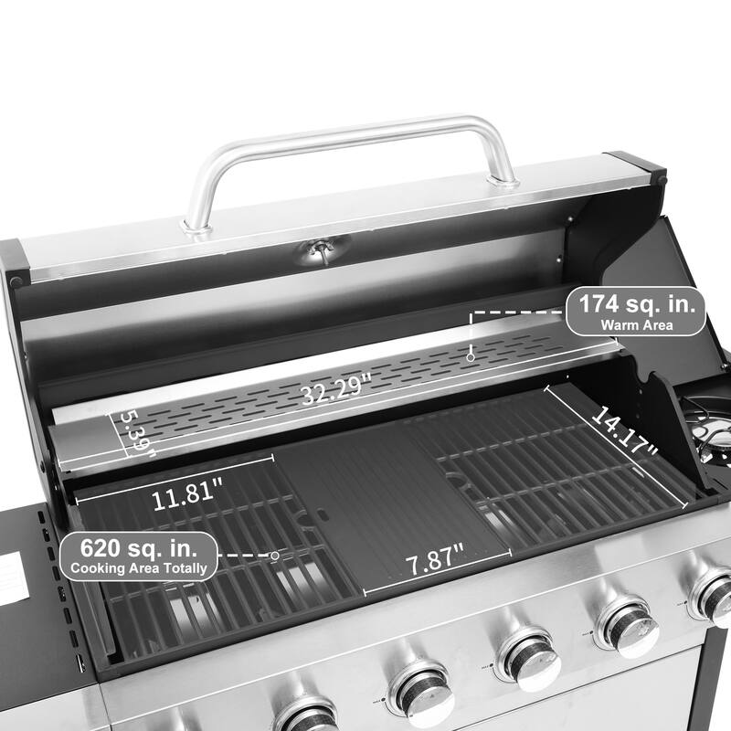 6-Burner Propane Gas Grill with Side Burner & Caster, Outdoor BBQ Grill Stainless with Steel Control Panel for Picnic