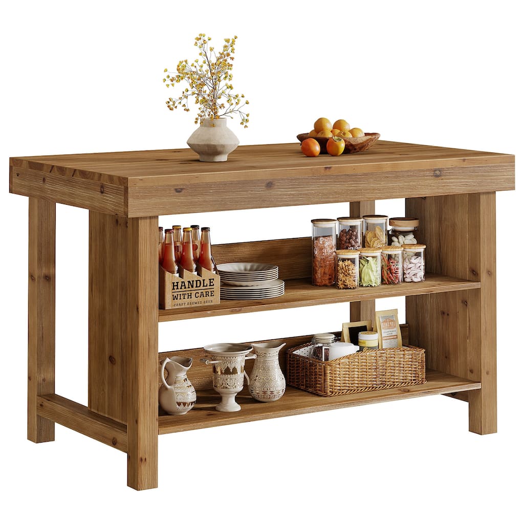 3-Tier 55 Inch Island, Solid Wood Farmhouse Center Island Table