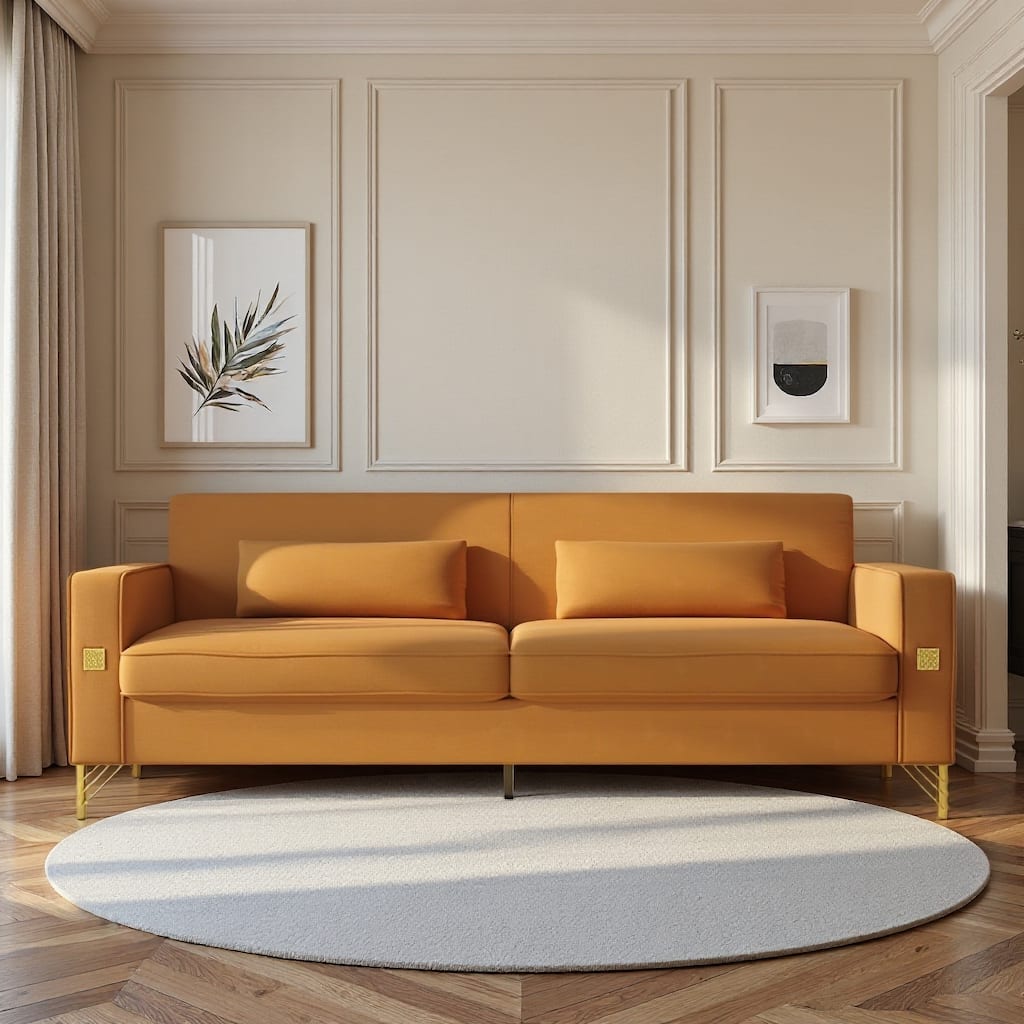 Roomfitters Mid-Century Modern Upholstered Sofa with Gold Metal Legs and Square Arms, Elegant Couch for Living Room