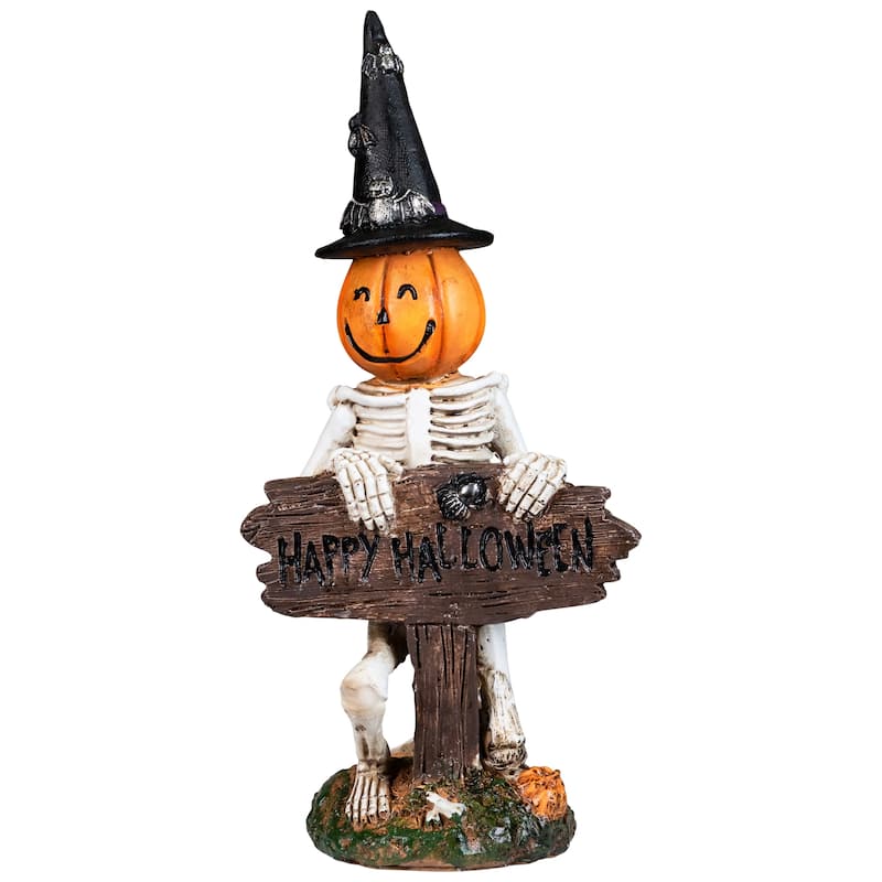 Jack-O-Lantern Skeleton in Witch's Hat and Happy Halloween Sign - 9.5"