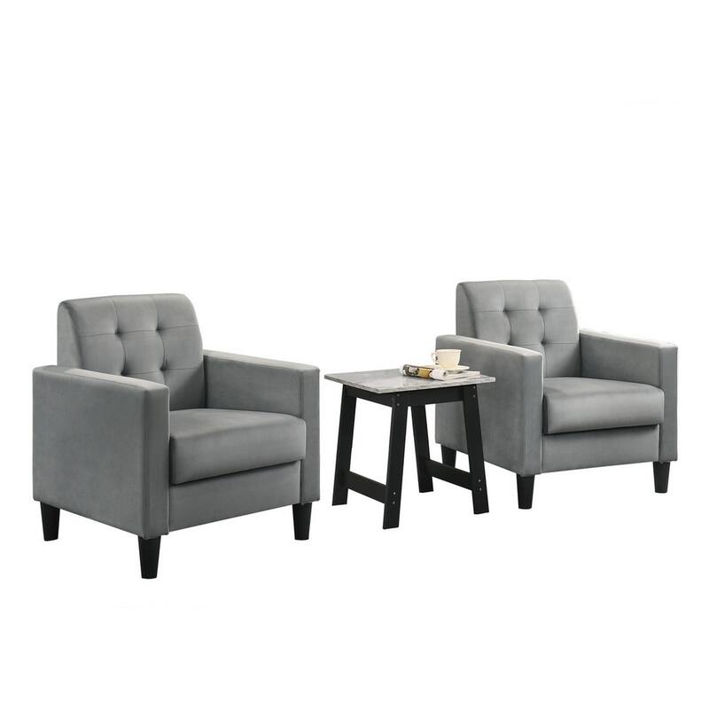 Oz Living Room Set with 2 Velvet Armchairs, Wood Accent End Table, Gray