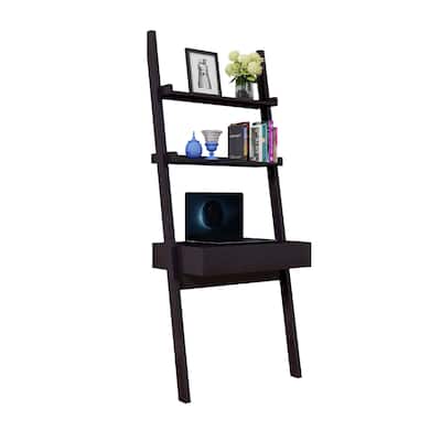 Tall Desk with Ladder Shelves, 1 Drawer 2 Shelves, 72 Inch, Brown Wood