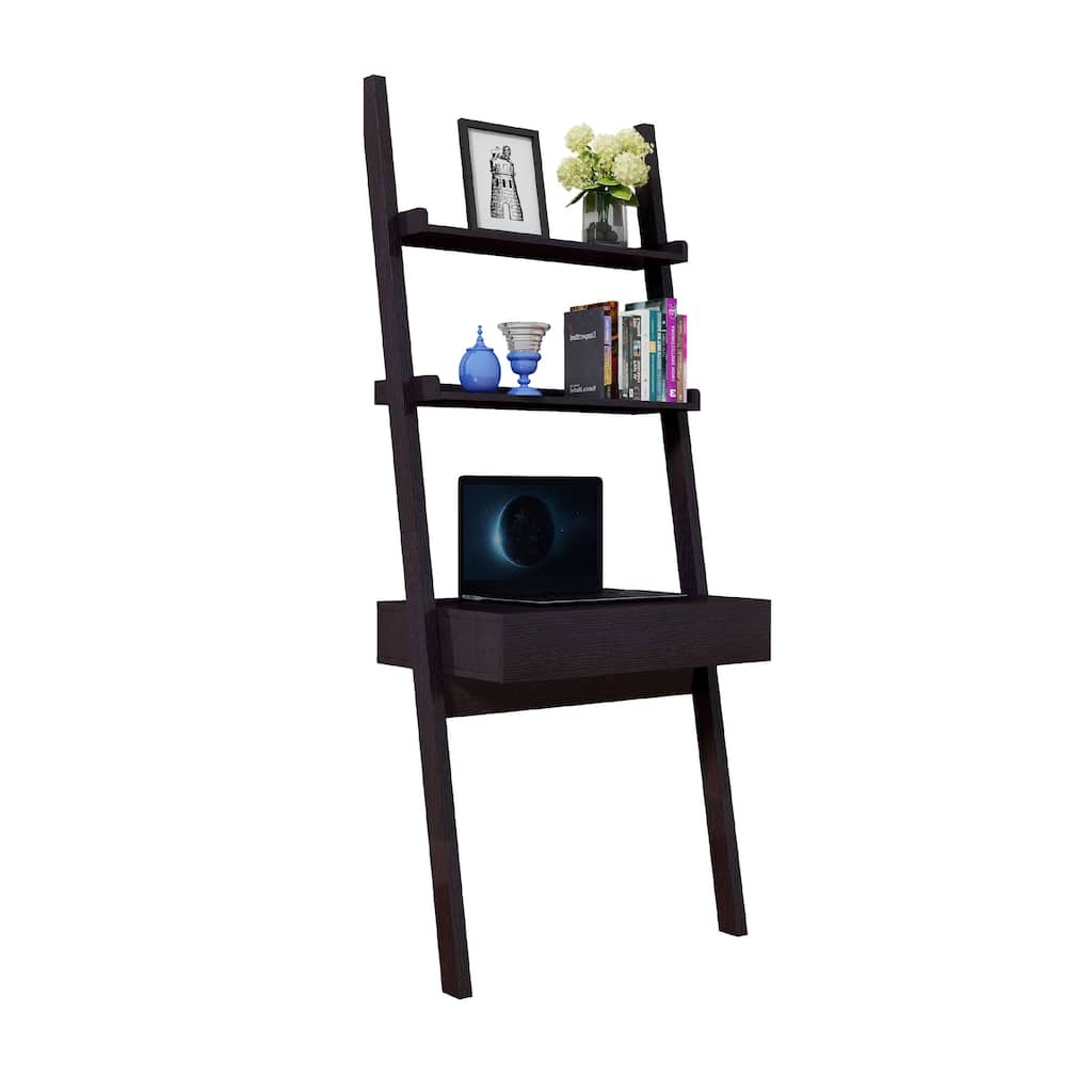 Tall Desk with Ladder Shelves, 1 Drawer 2 Shelves, 72 Inch, Brown Wood