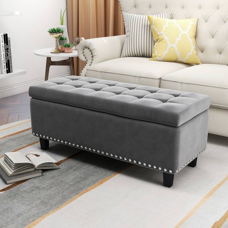 Modern Velvet Button Tufted Rectangle Storage Ottoman